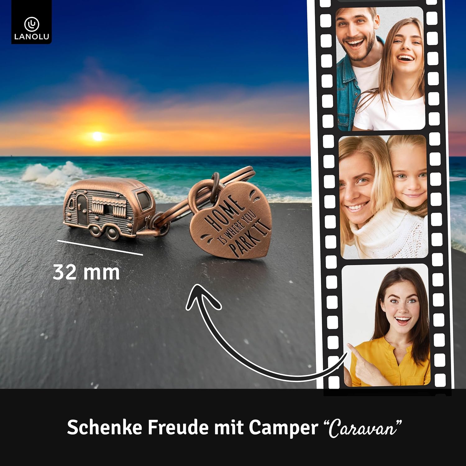 Thumbnail 5 de LANOLU Schlüsselanhänger Wohnwagen – 3D Anhänger aus Metall mit Herz-Anhänger „Home is where you Park it“