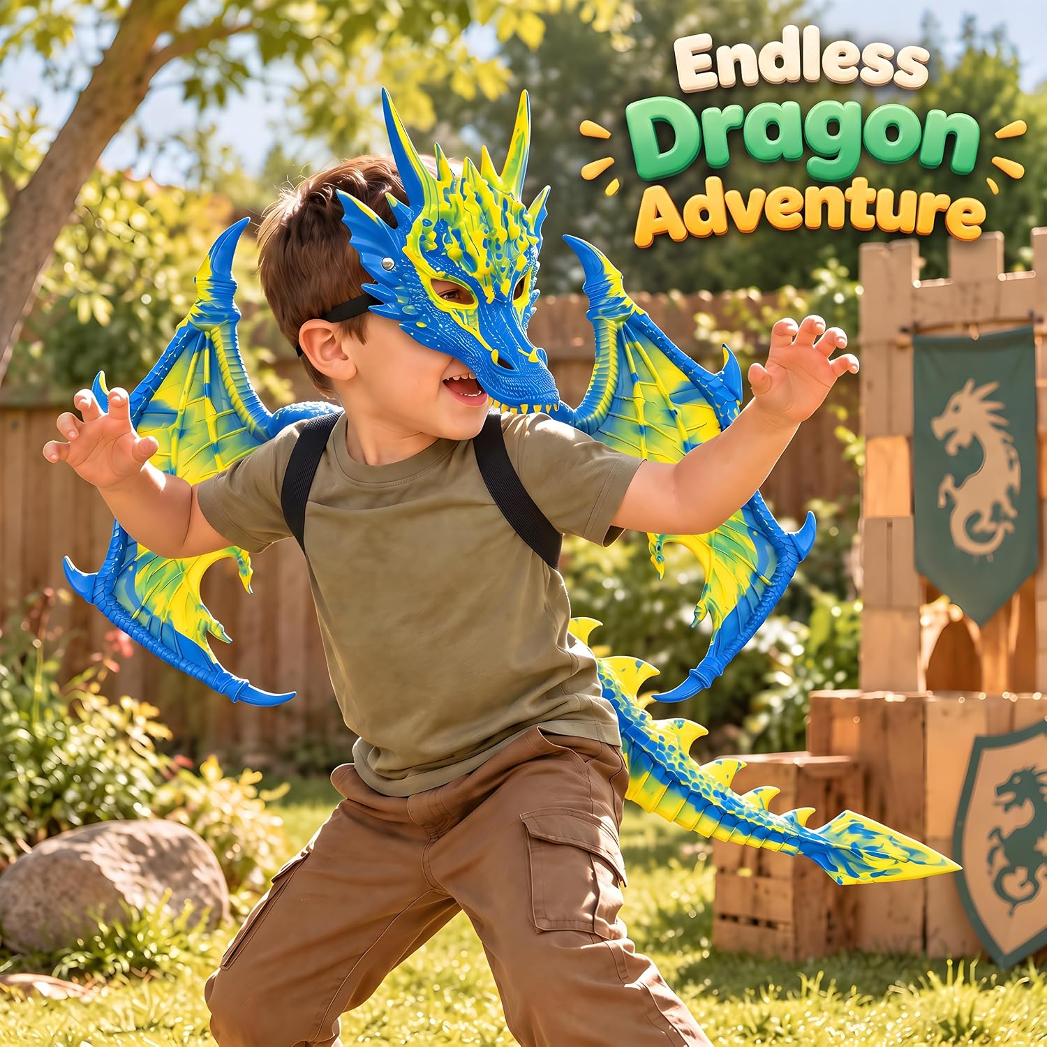 Detalle 2 de CRTEPST Dragon Costume for Kids, Canary Blue Mask, Wings and Tail