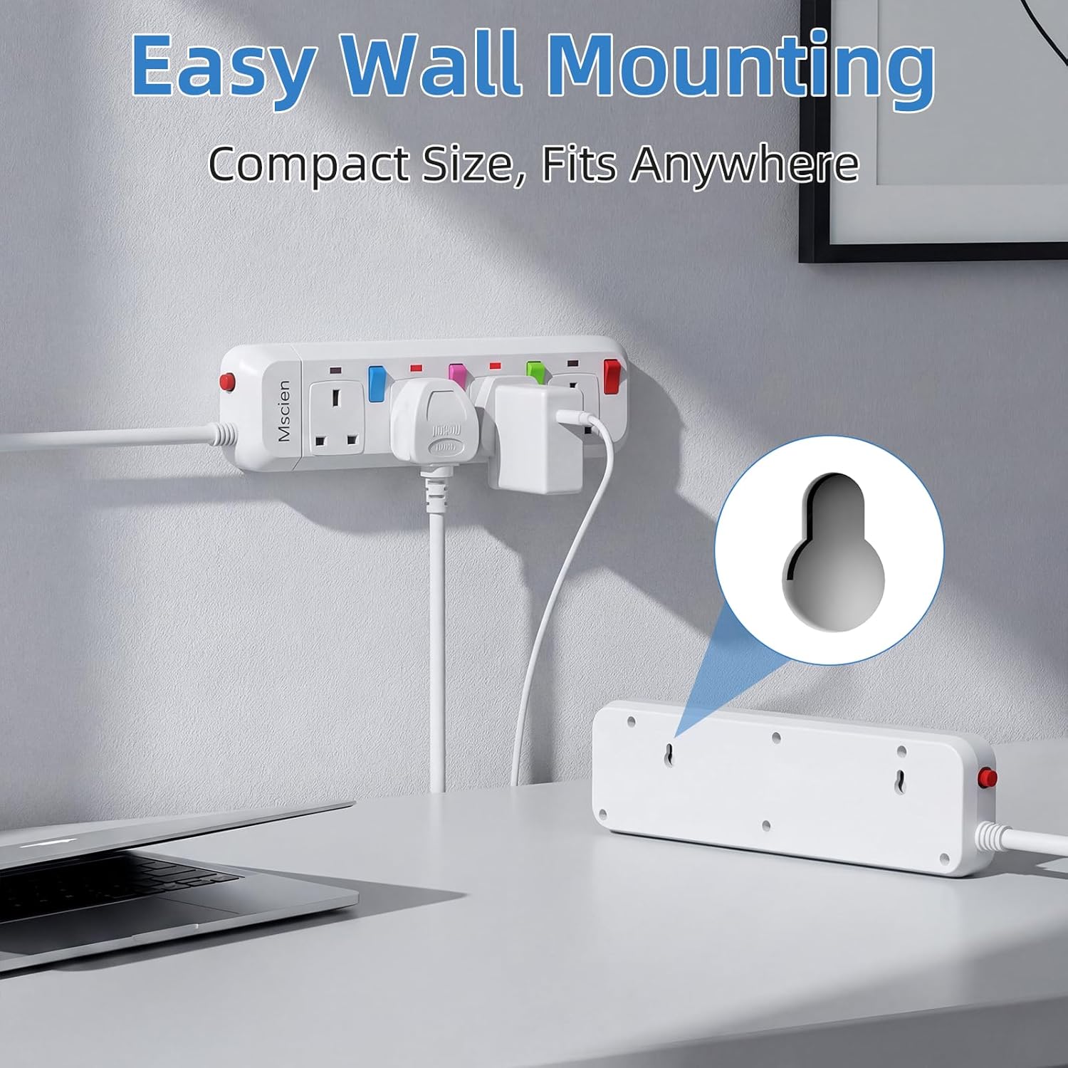 Thumbnail 4 de Mscien 1m 4-Way Wall-Mounted Extension Lead with Individual Switches (2500W, White)