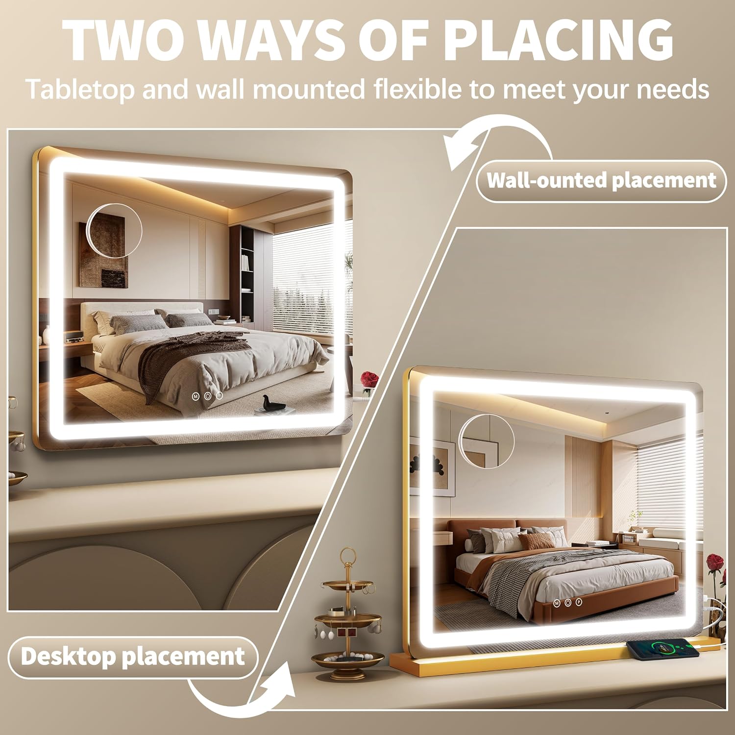 Detalle 2 de FENNIO 23" x 18" Vanity Mirror with Lights, Gold Frame, 3 Color Modes