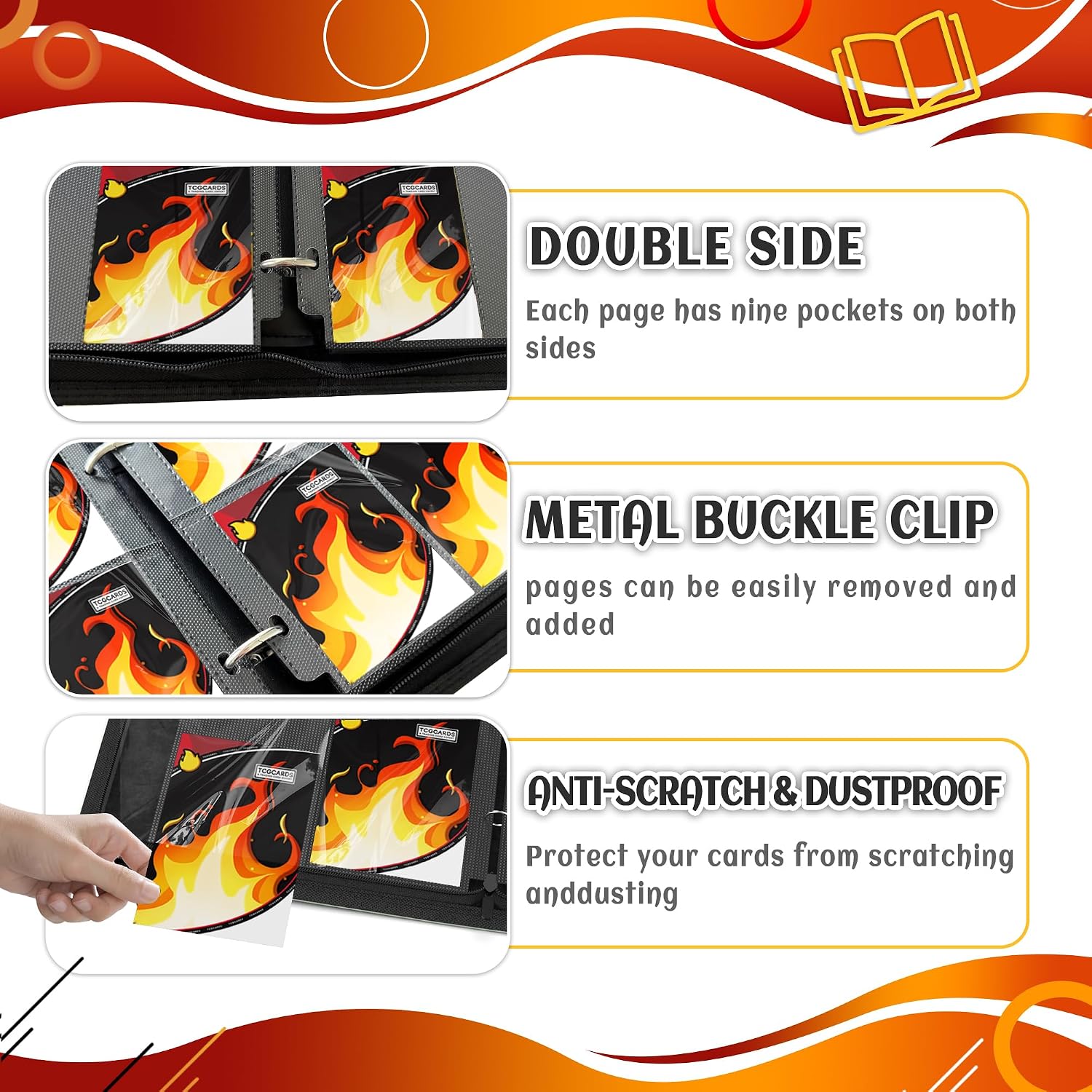 Detalle de Trading Card Binder 9 Pocket with Zipper, 3-Ring Album and 50 Removable Sleeves (Standard Size)