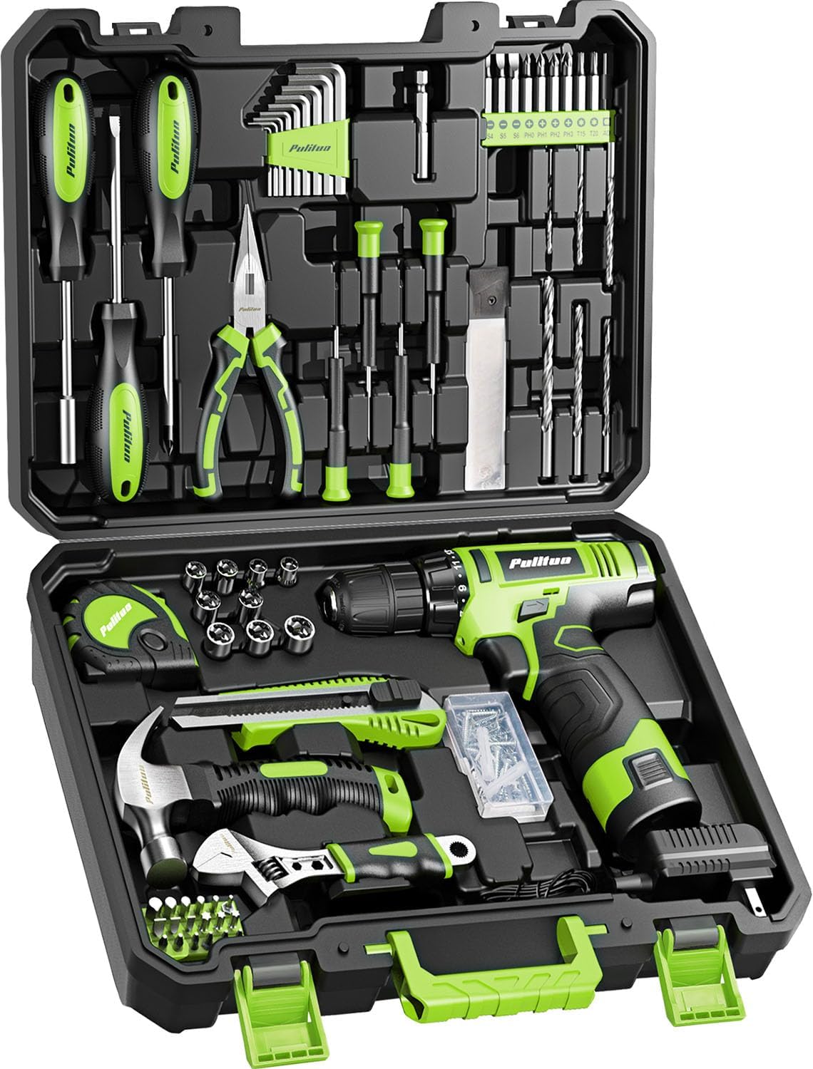Detalle de PULITUO 7212Set-Green 149-Piece Tool Set with 12V Cordless Drill