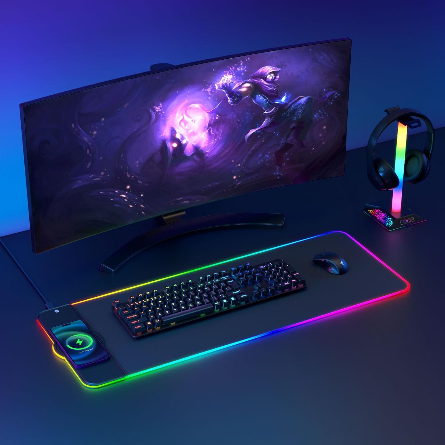 Detalle 2 de Hcman Charging RGB Gaming Mouse Pad - Wireless 15W, Extra Large 80x30cm