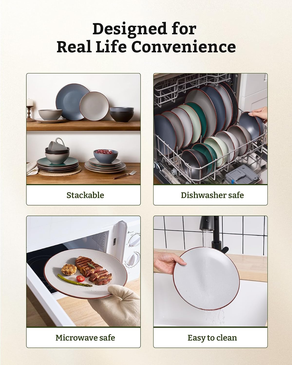 Thumbnail 5 de Famiware Venus Plates and Bowls Sets with Trim, 24 Pieces Speckled Stoneware Dinnerware for 8