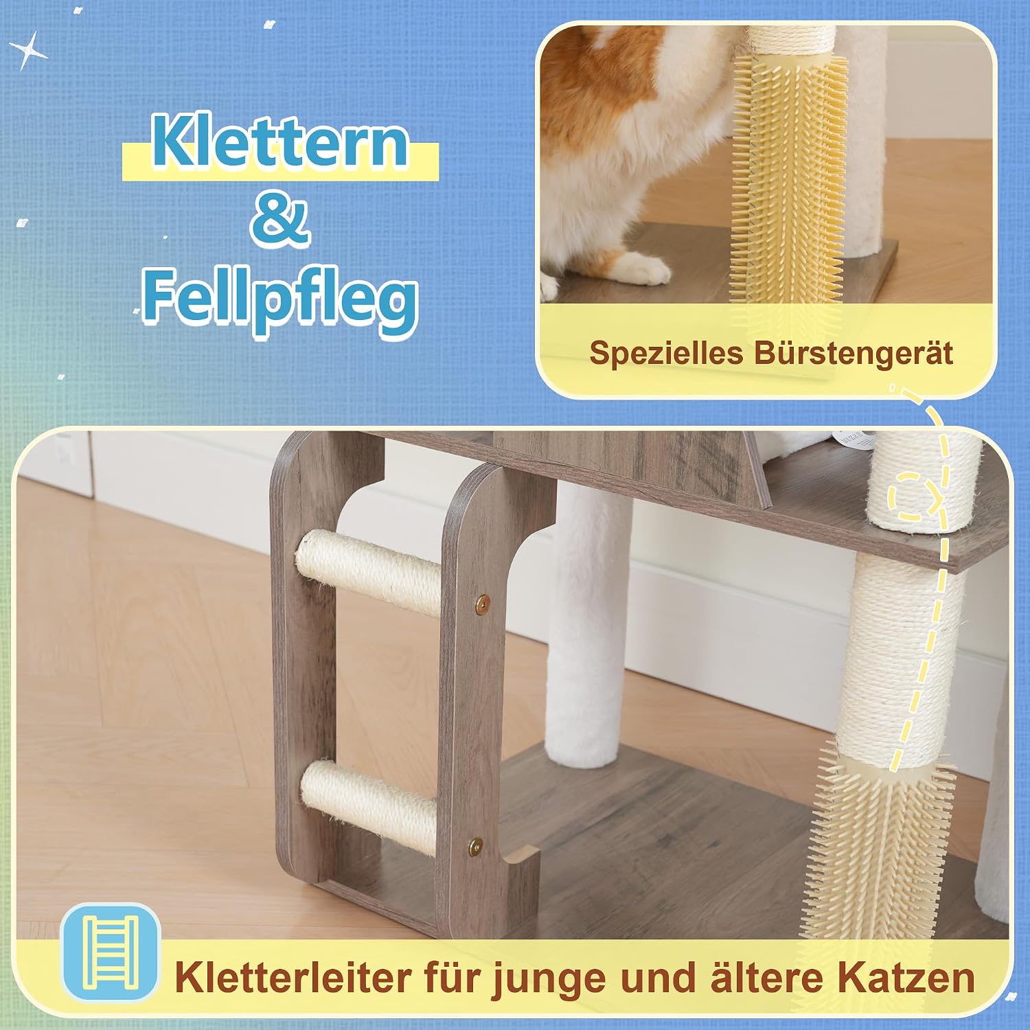 Thumbnail 6 de Hey-brother Holz Kratzbaum 184 cm – stabiler Katzenbaum aus Holz mit großen Plattformen, Korb, Höhle, Körnerkamm und Leiter (Gris Vintage EMPJ121SG)
