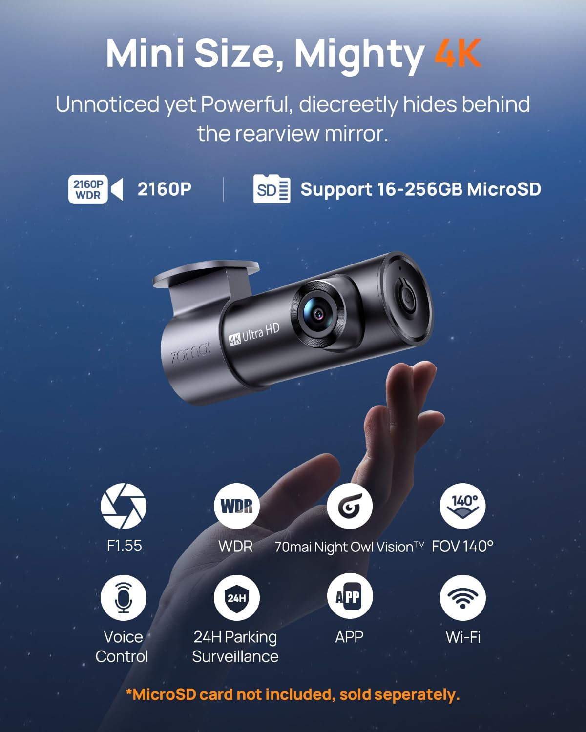 Thumbnail 1 de 70mai Dash Cam M310 Plus 4K: Compact 4K Car Camera with 360° Rotation and 210s Emergency Recording