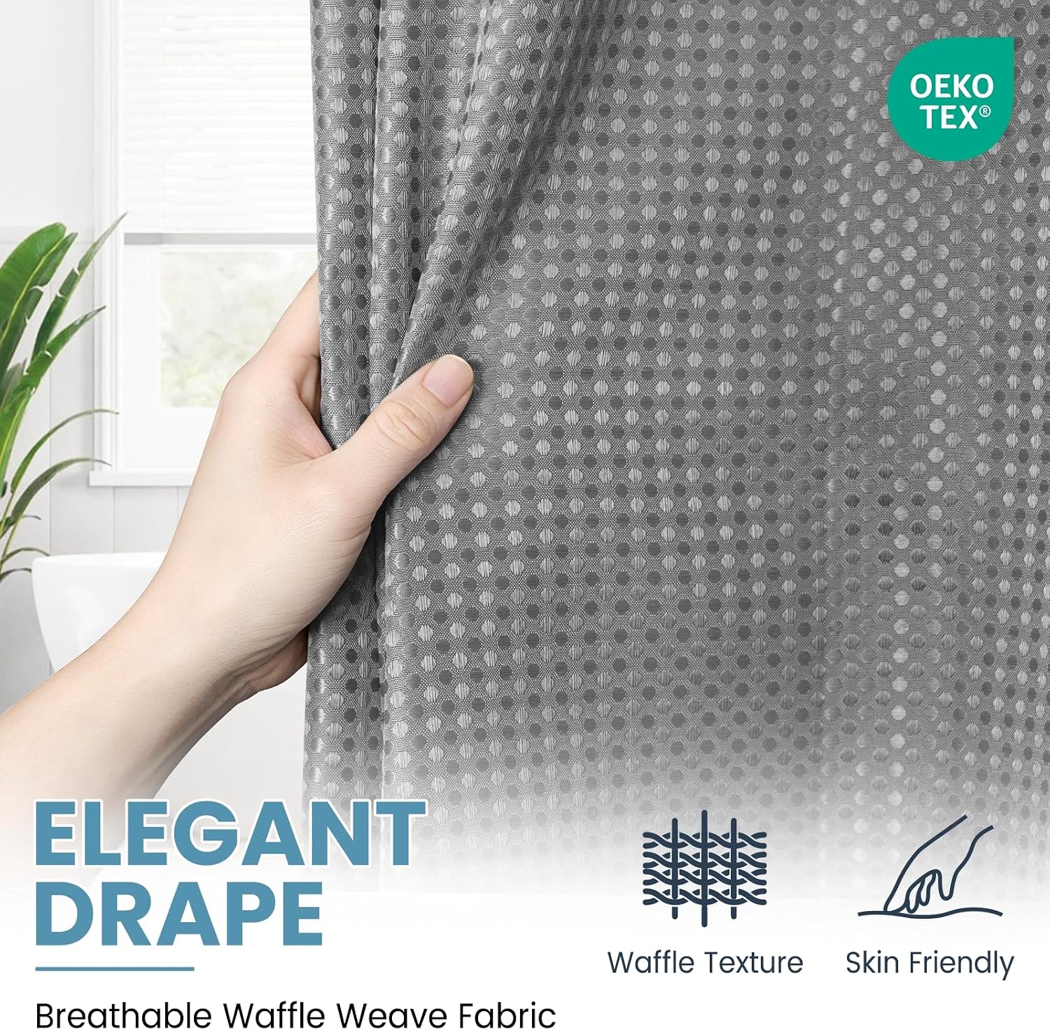 Detalle 2 de SORTTO Ringless Waffle Shower Curtain, 71 x 74 in, Gray with Snap-In Liner