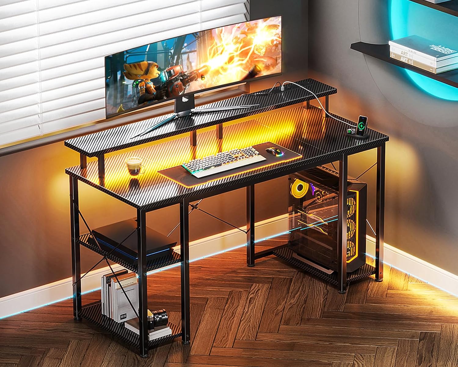 Thumbnail 1 de Coleshome Scrivania Gaming con LED 120x50 cm: PC, Monitor e Spazio di Archiviazione in Nero