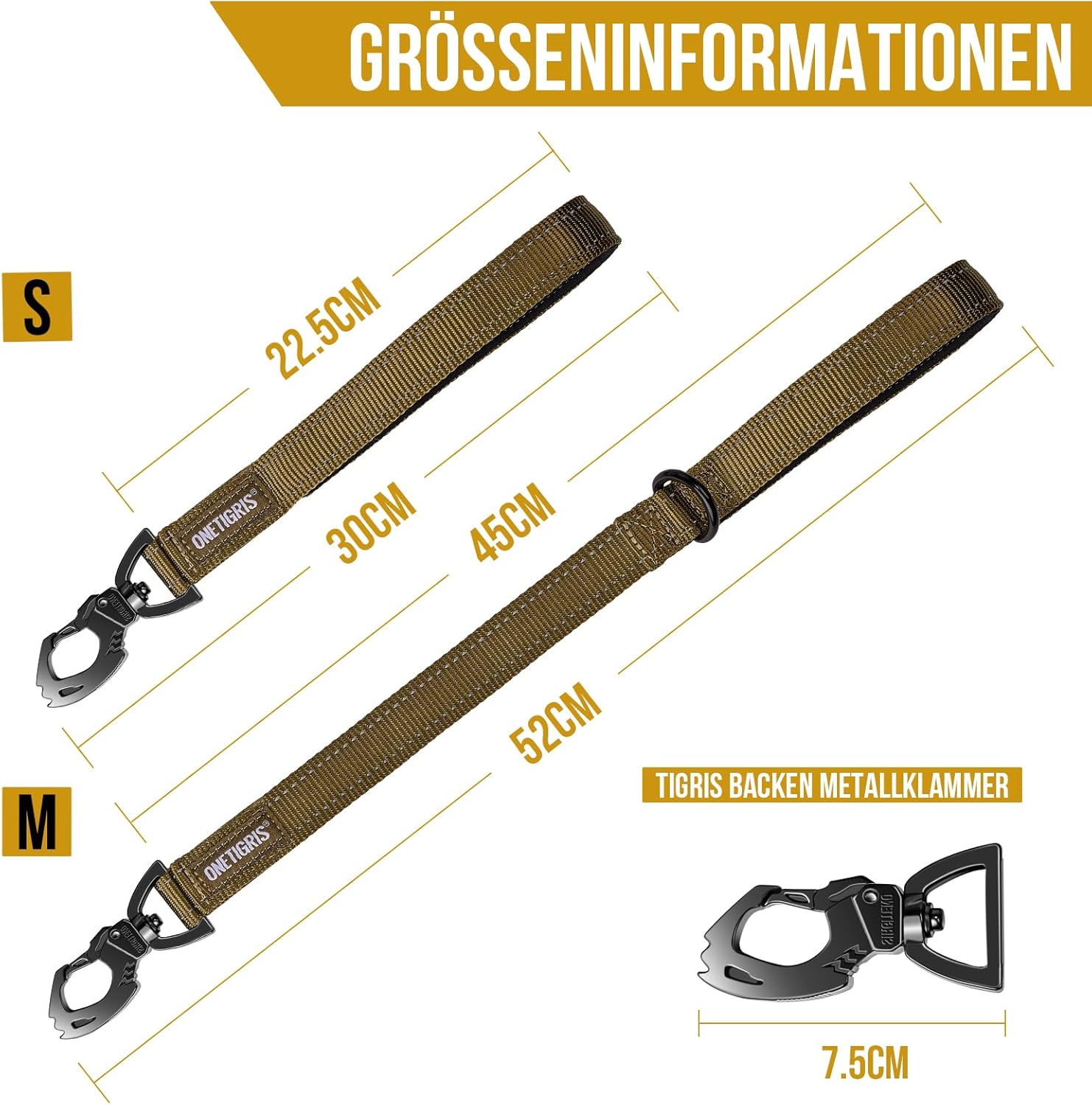 Detalle 2 de OneTigris Bolt Laisse courte pour chien 52 cm – Lente et robuste, pour chiens de taille moyenne à grande