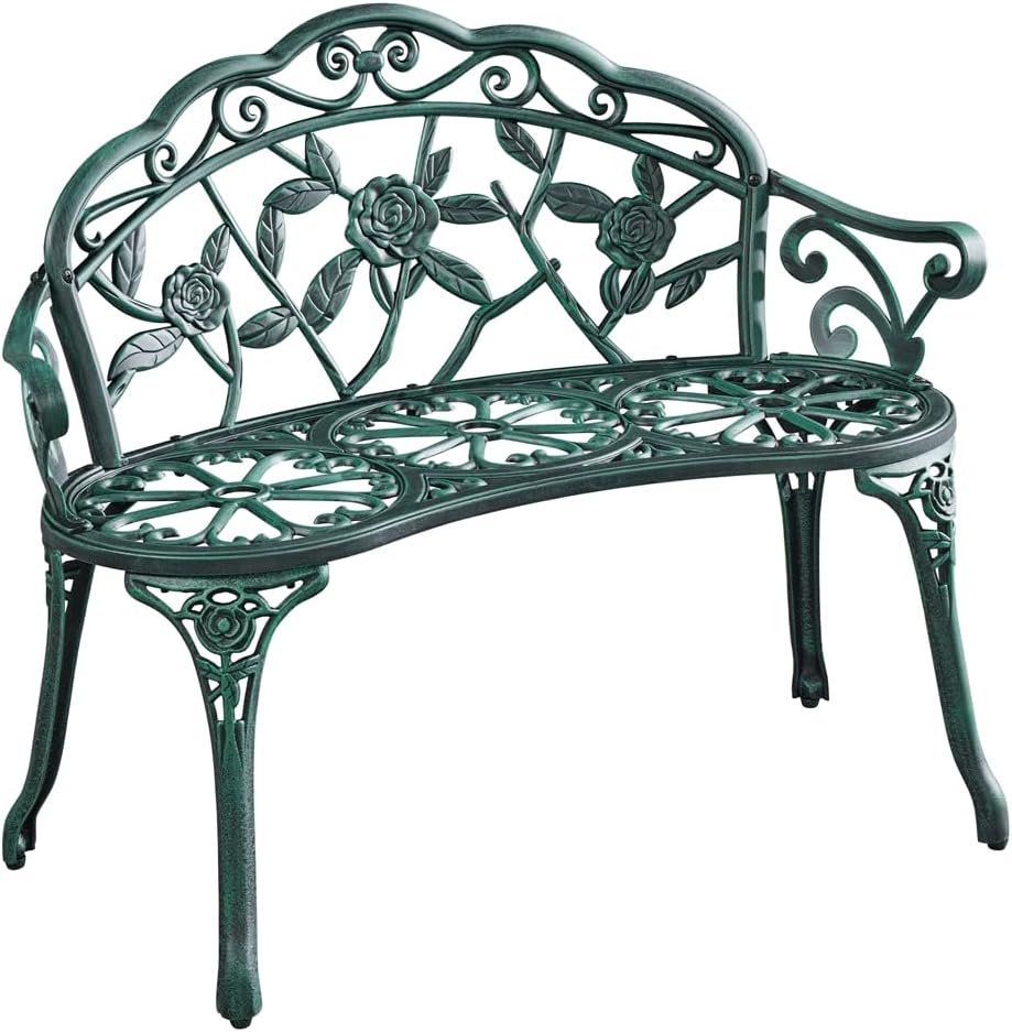 Thumbnail 1 de Yaheetech panca da giardino a 2 posti in alluminio con braccioli e schienale decorato Bronzo, 99,5 x 57 x 78,5 cm