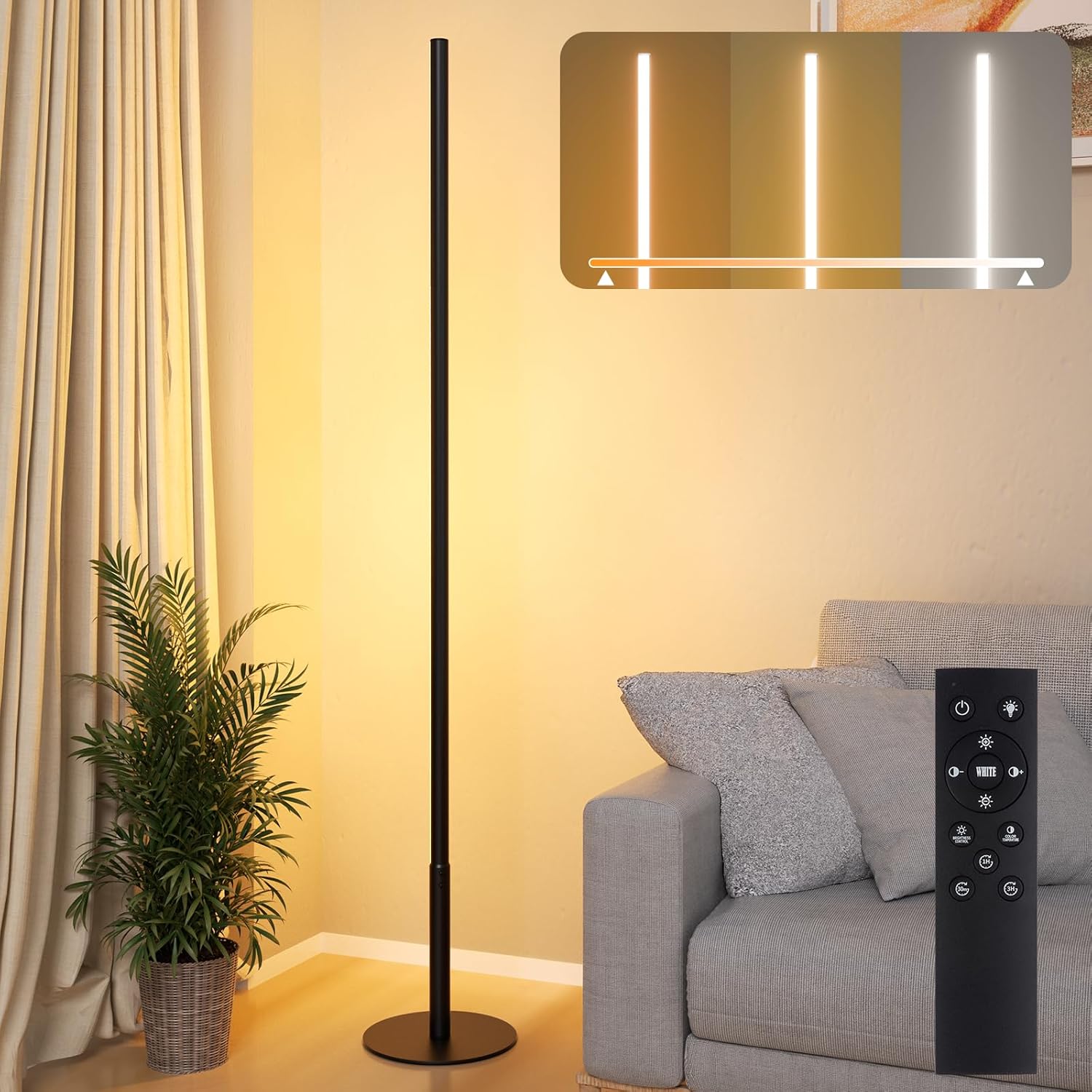 Detalle de Hzitcigm LED Stehlampe Wohnzimmer – Dimmbare Stehleuchte mit Farbtemperaturen 2700K–6500K, Memory-Funktion, Fernbedienung, 147 cm
