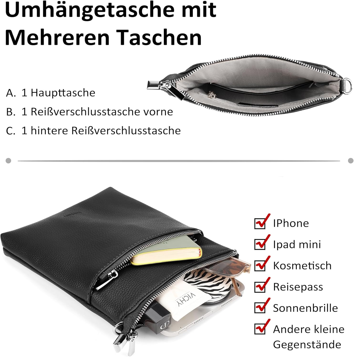 Thumbnail 3 de befen Echtleder Umhängetasche Damen (mittelgroß) mit Handyfach – Crossbody-Bag mit verstellbarem Schultergurt