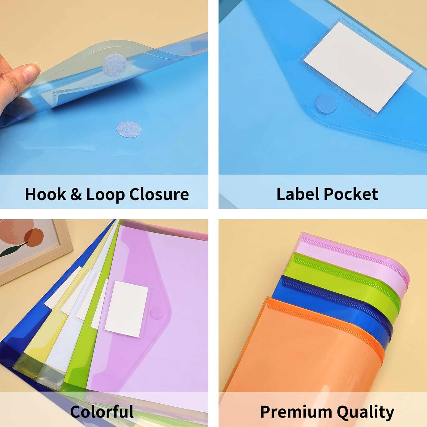 Detalle de EOOUT EOOUT20221026055 Plastic File Envelopes, 30-Pack, 10 Colors, Hook-and-Loop Closure