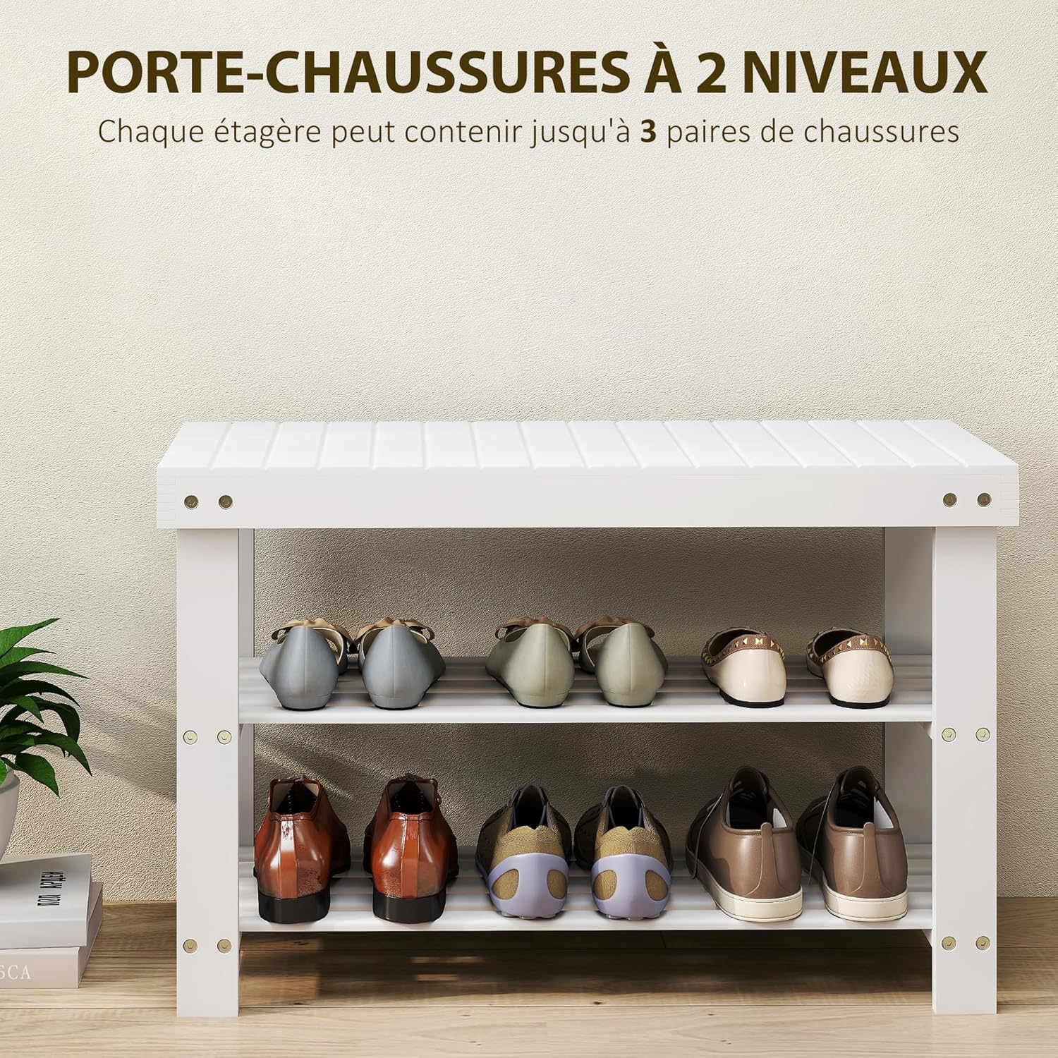 Thumbnail 3 de Banc à chaussures HOMCOM en bambou 3 niveaux — design scandinave, blanc, 70 × 28 × 45 cm