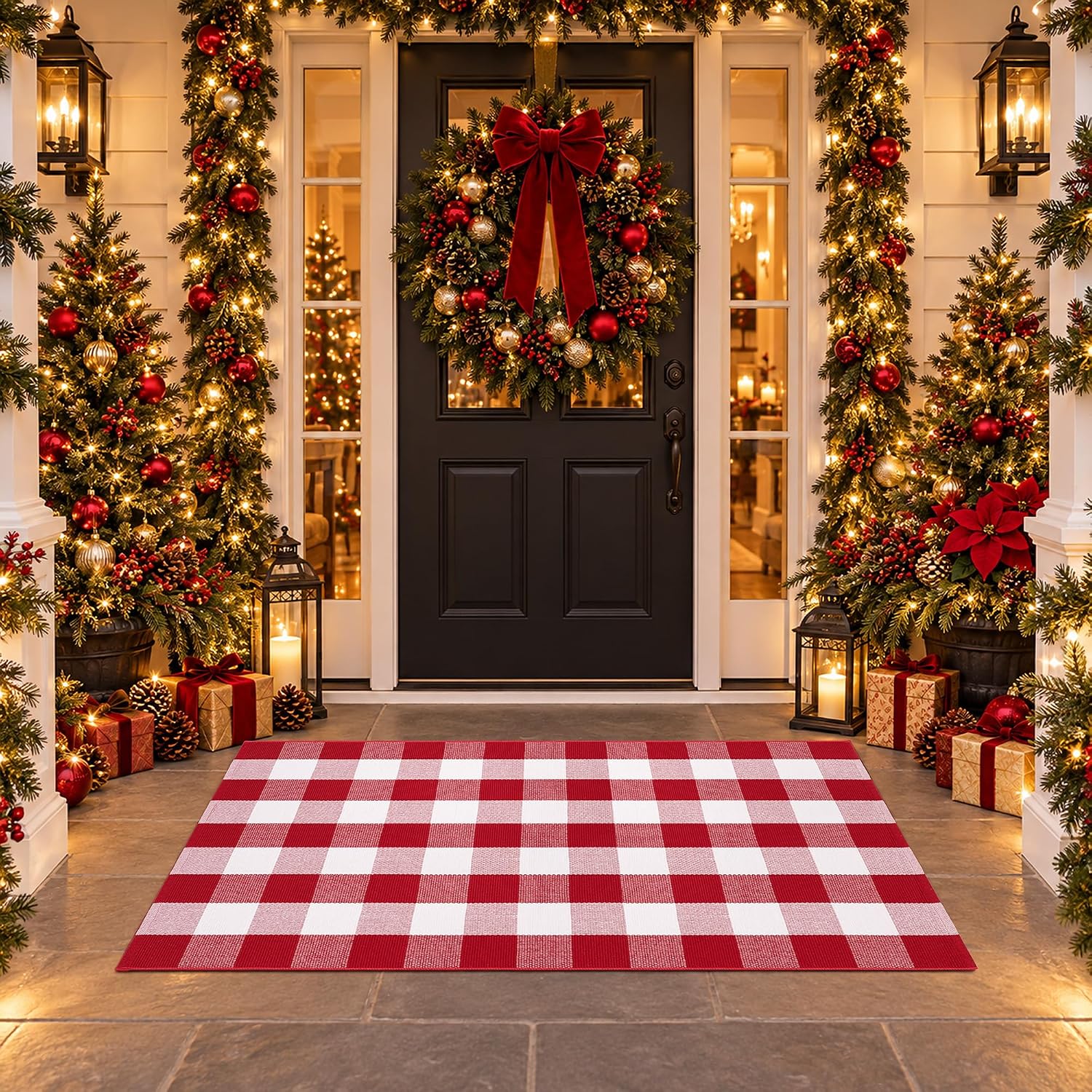 Detalle 2 de Homydecor 3' x 5' Christmas Plaid Door Mat, Reversible Cotton-Poly Flatweave
