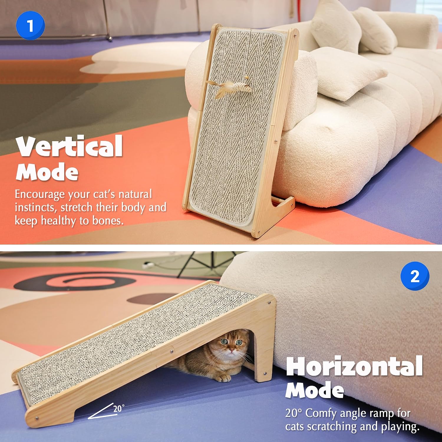 Detalle de PETKARAY Cat Scratcher: Sisal Ramp, 27" L-Shape Wall Protection and Mouse Toy