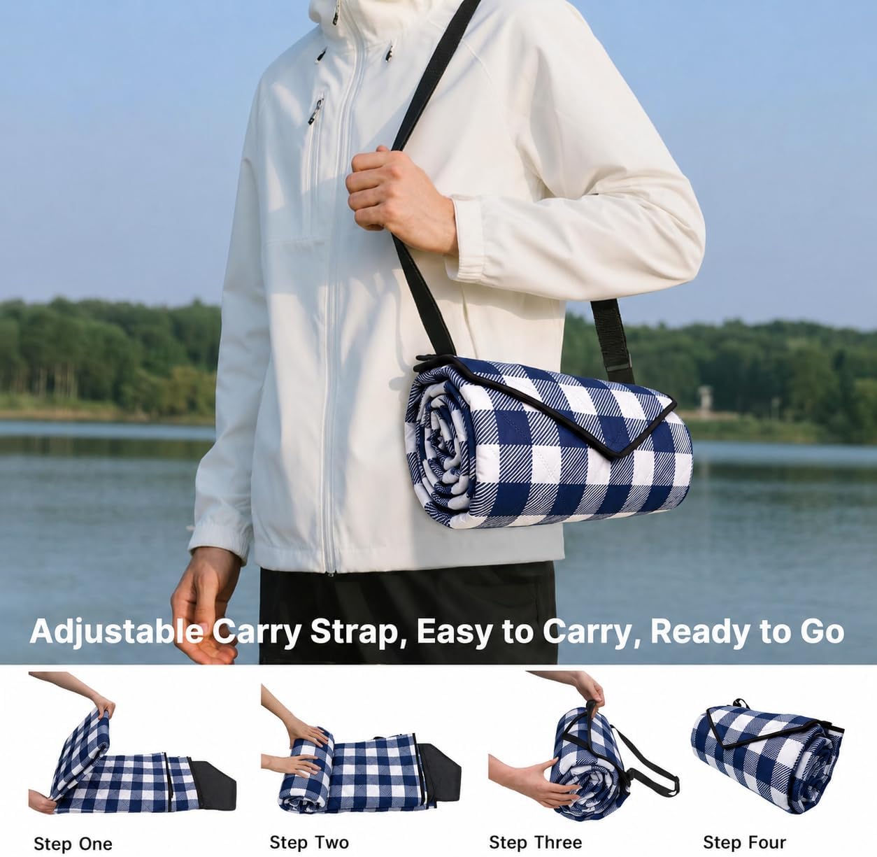 Detalle 1 de TigeJoy picnic mat 80 x 80-Inch Waterproof Picnic Blanket, Blue Plaid
