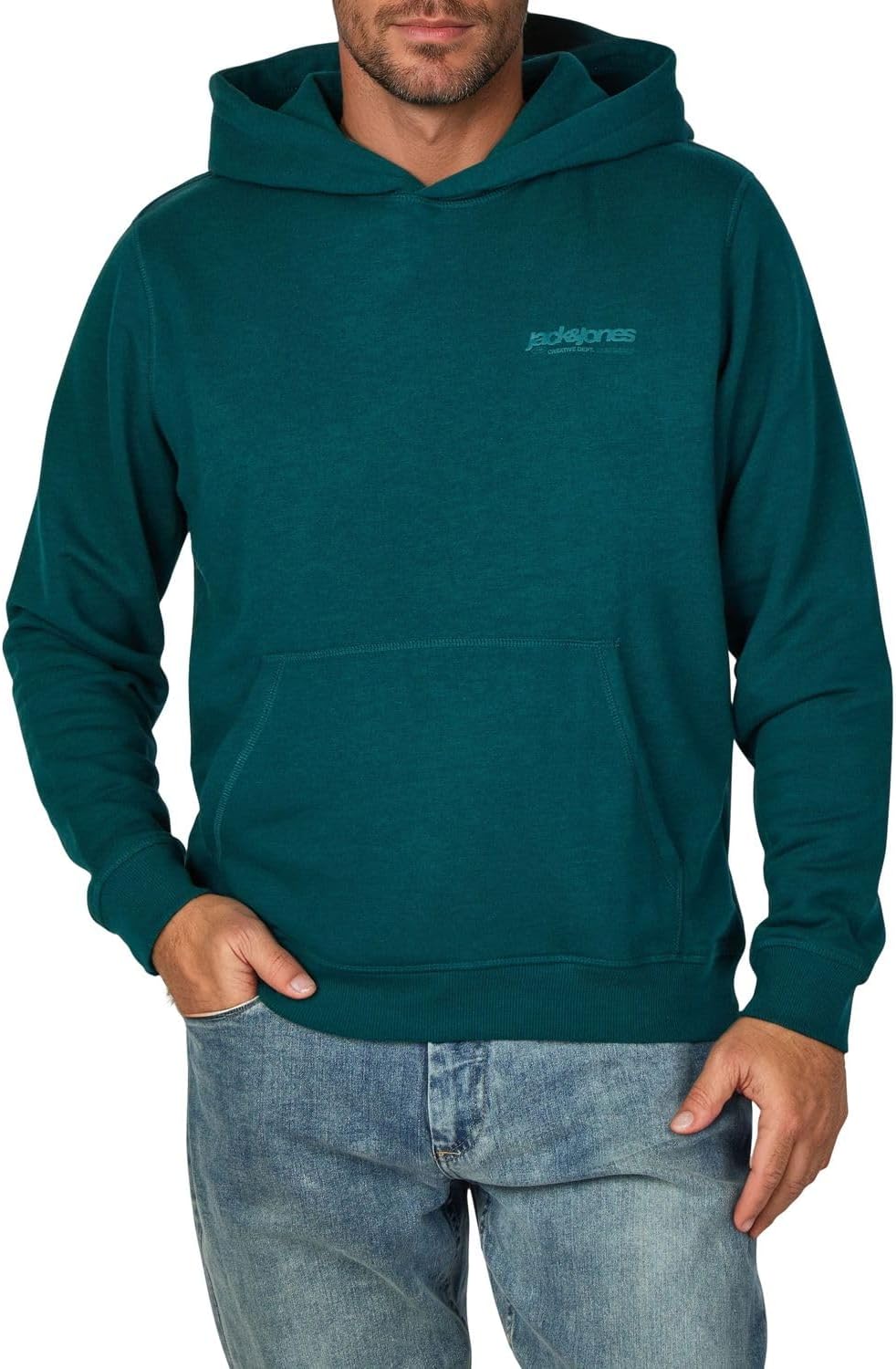 Detalle de Jack & Jones Herren- Hoodie im Relaxed Fit mit Print (JWHINTERLUDE) – Baumwollmischgewebe in Schwarz, Grau, Grün & Beige