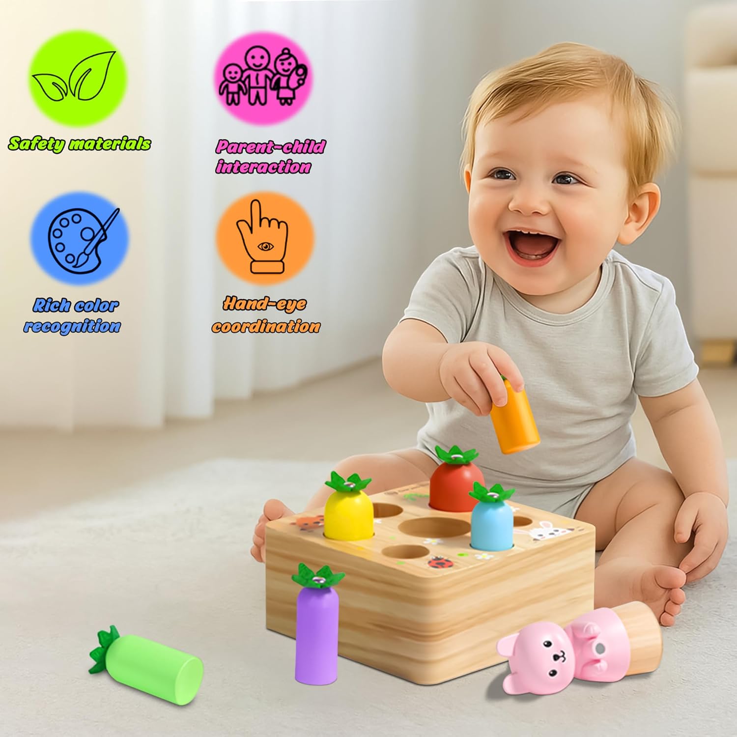 Detalle de Holzspielzeug ab 1 Jahr – Montessori Sortierspiel mit Karottenernte (Formen & Farben)