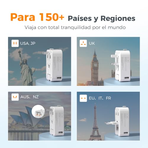 Detalle de TESSAN Adaptador Enchufe Universal Plano con 2 USB A y 2 USB C (Gris)