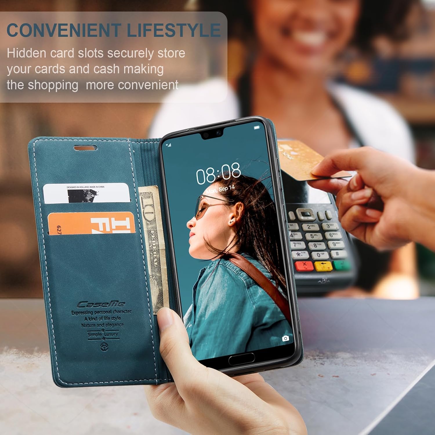 Thumbnail 3 de Cracedily Wallet Case for Huawei P20 Pro: Blue-Green Leather Flip with Card Holder