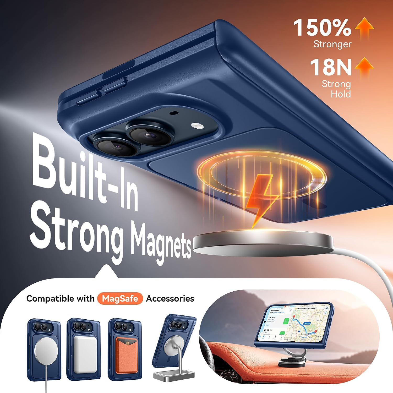 Detalle de BERFY iPhone Duo Case with MagSafe, Blue, Built-In Stand & Screen Protector