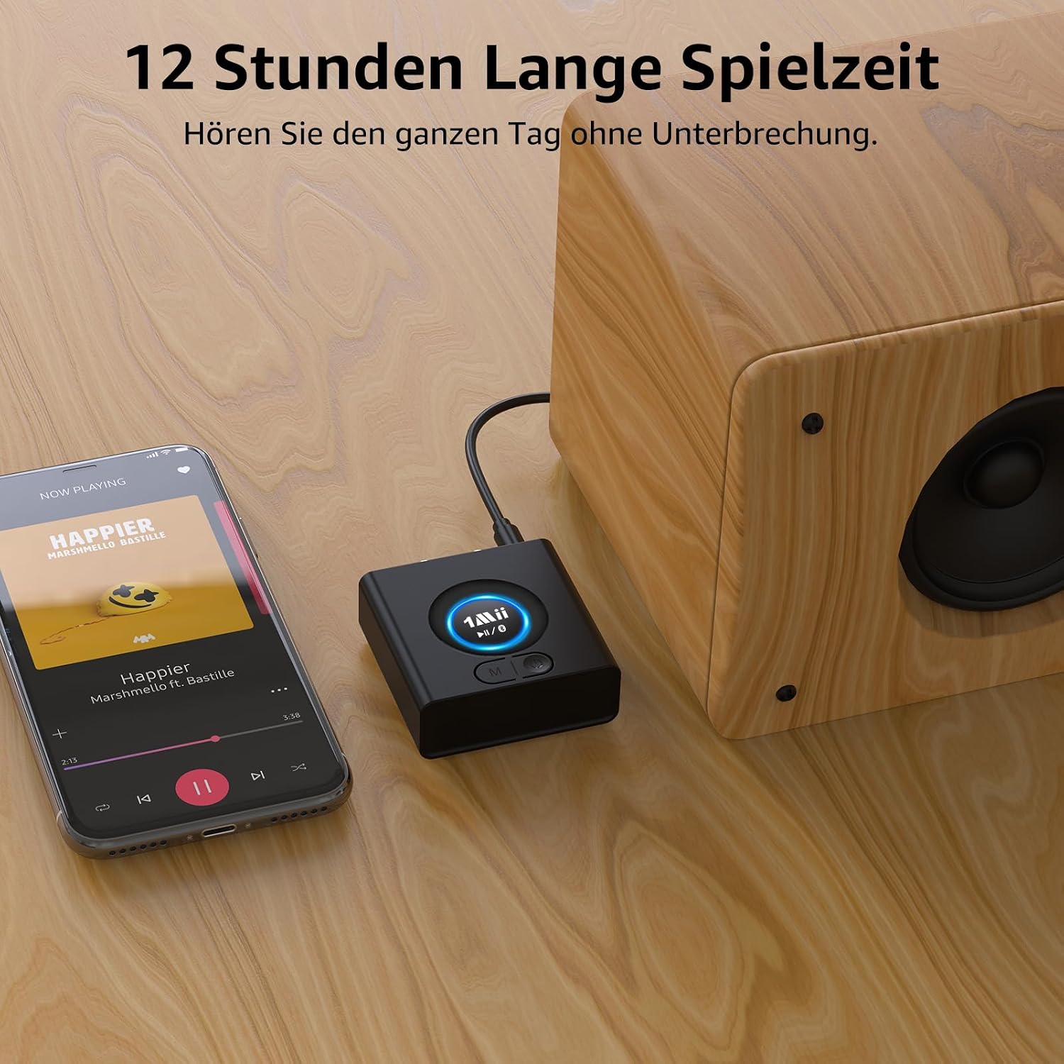 Detalle 2 de 1Mii ML200 Bluetooth-Empfänger für Stereoanlage – Kabelloser Audio-Adapter mit Bass-Boost, 3,5 mm & Cinch, 12 Std. Akku
