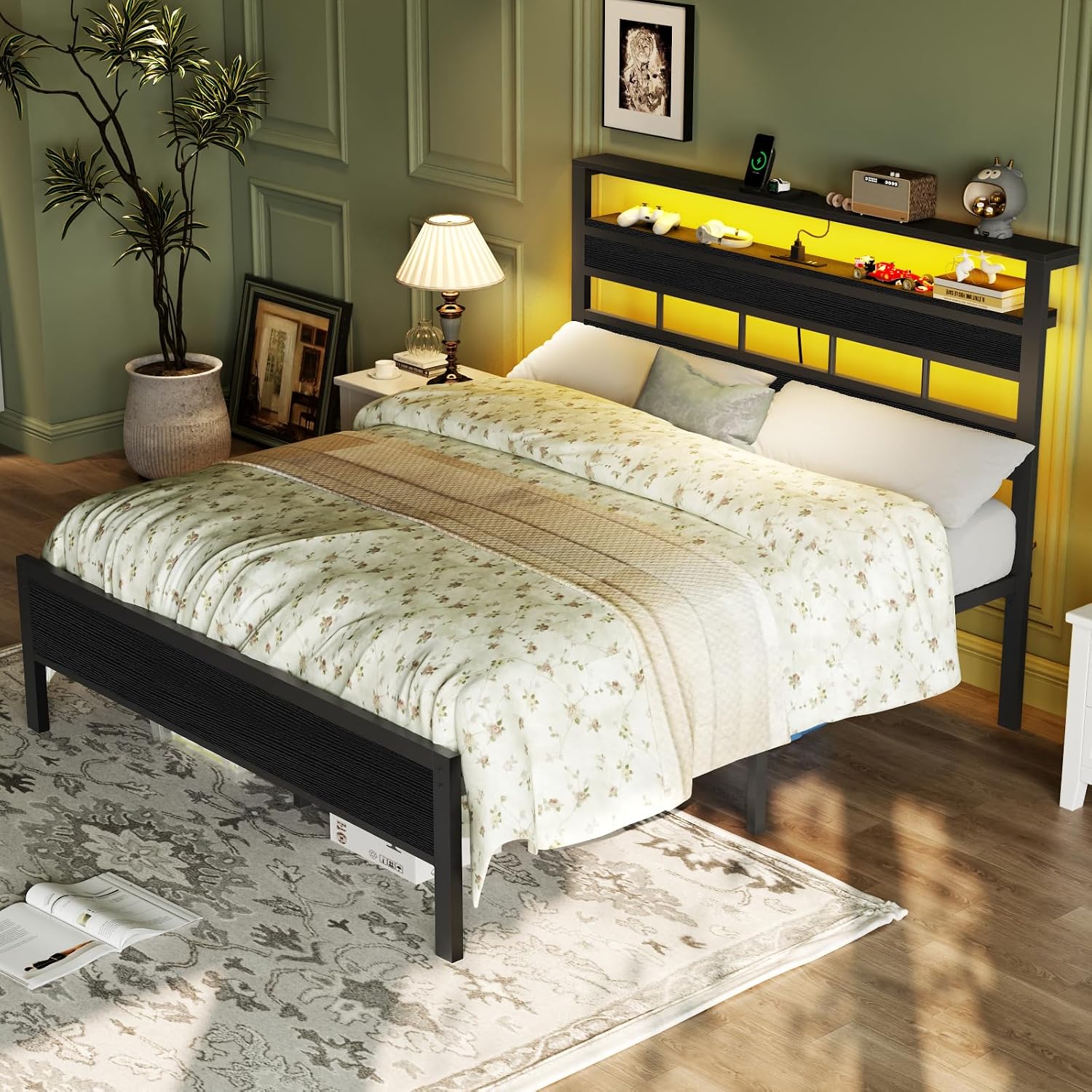 Detalle 2 de Furnulem BF-015-F Full Bed Frame with RGB LEDs and Charging Headboard