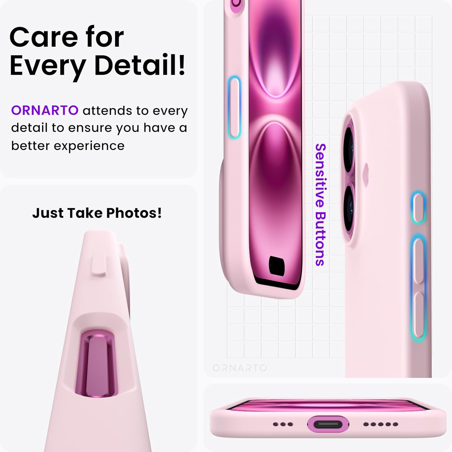 Thumbnail 4 de ORNARTO iPhone 16 6.1" Case in Slim Liquid Silicone (Chalk Pink) – Full Coverage Soft Gel Rubber