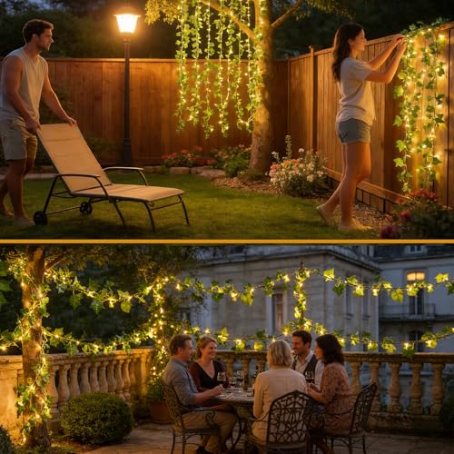 Detalle de Guirnalda Luces Exterior Solar de 10 m con Hiedra Artificial Joysing (100 LED) para Jardín y Terrazas
