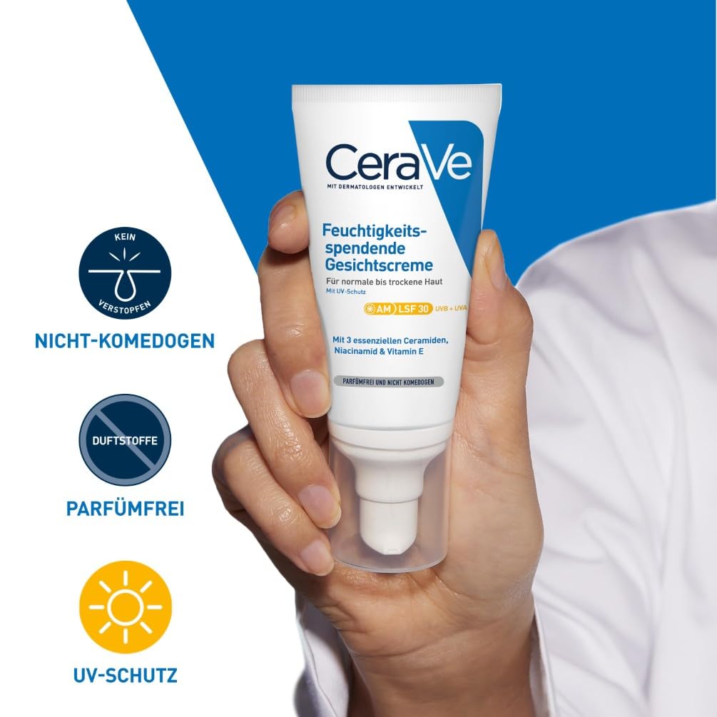 Detalle de CeraVe Feuchtigkeitsspendende Gesichtscreme mit LSF 30 – Beruhigende Tagescreme für normale bis trockene Haut