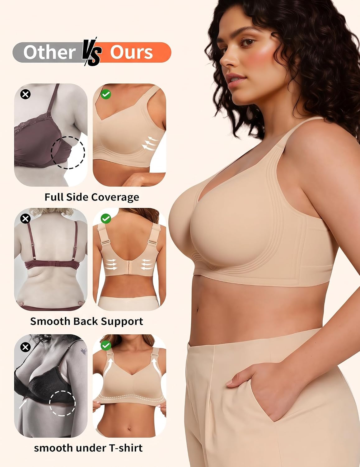 Detalle 1 de PoseFree Women’s Seamless Wireless Supportive Bra with Gel-Like 4-Layer Support (Push Up Comfort, Full Coverage T-Shirt Bra)