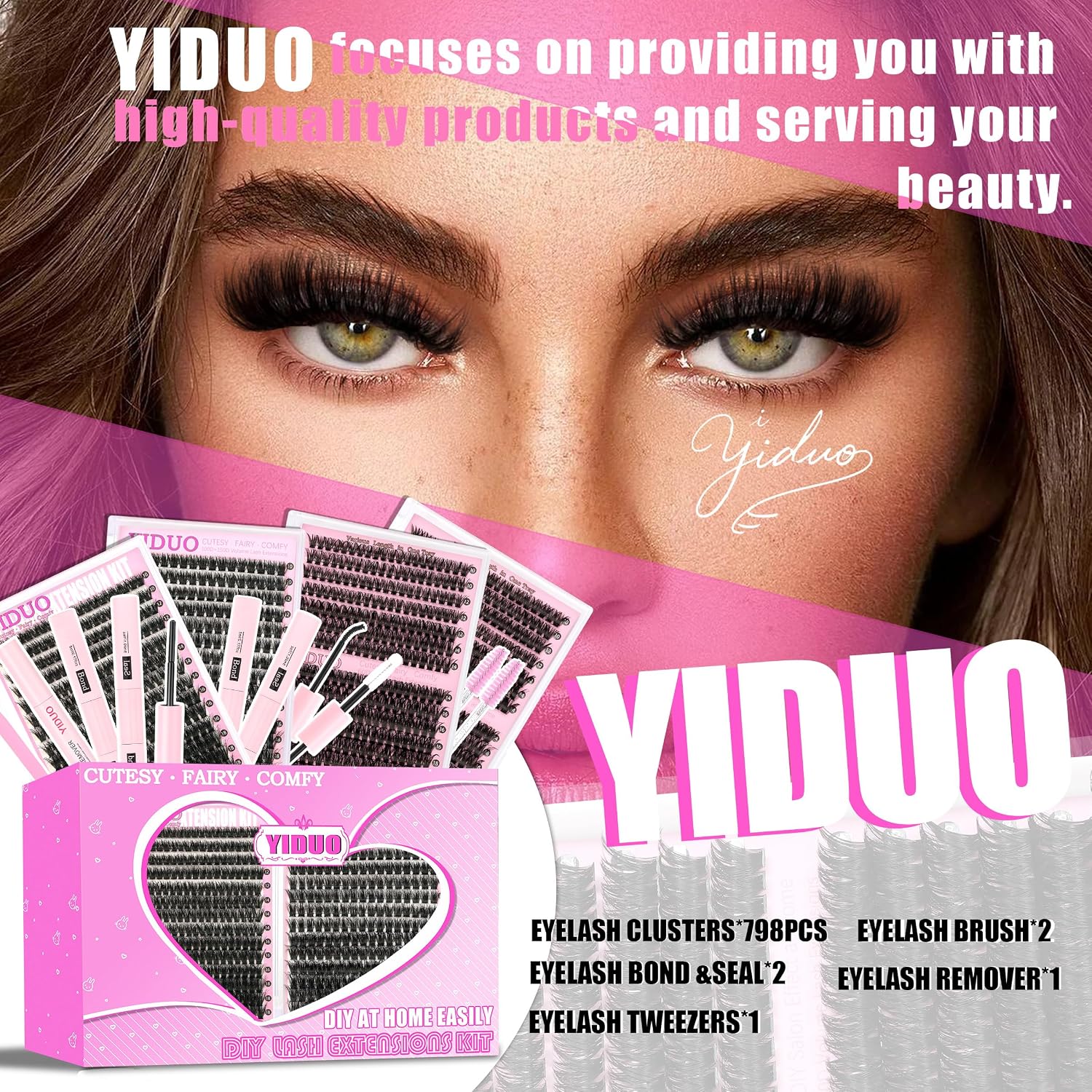Detalle 2 de YIDUO 4-Style Lash Cluster Kit, 1,078 Pieces, 10–18 mm, Bond and Seal