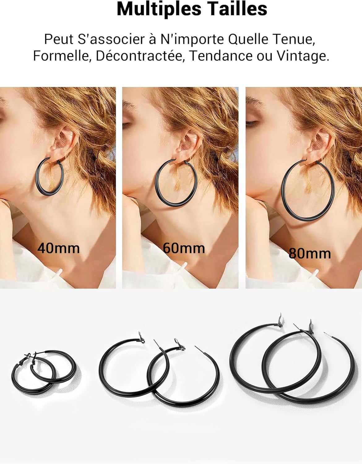 Thumbnail 5 de PROSTEEL Créoles femme en acier inoxydable 316L (40 mm/60 mm/80 mm) – anneaux type hoop