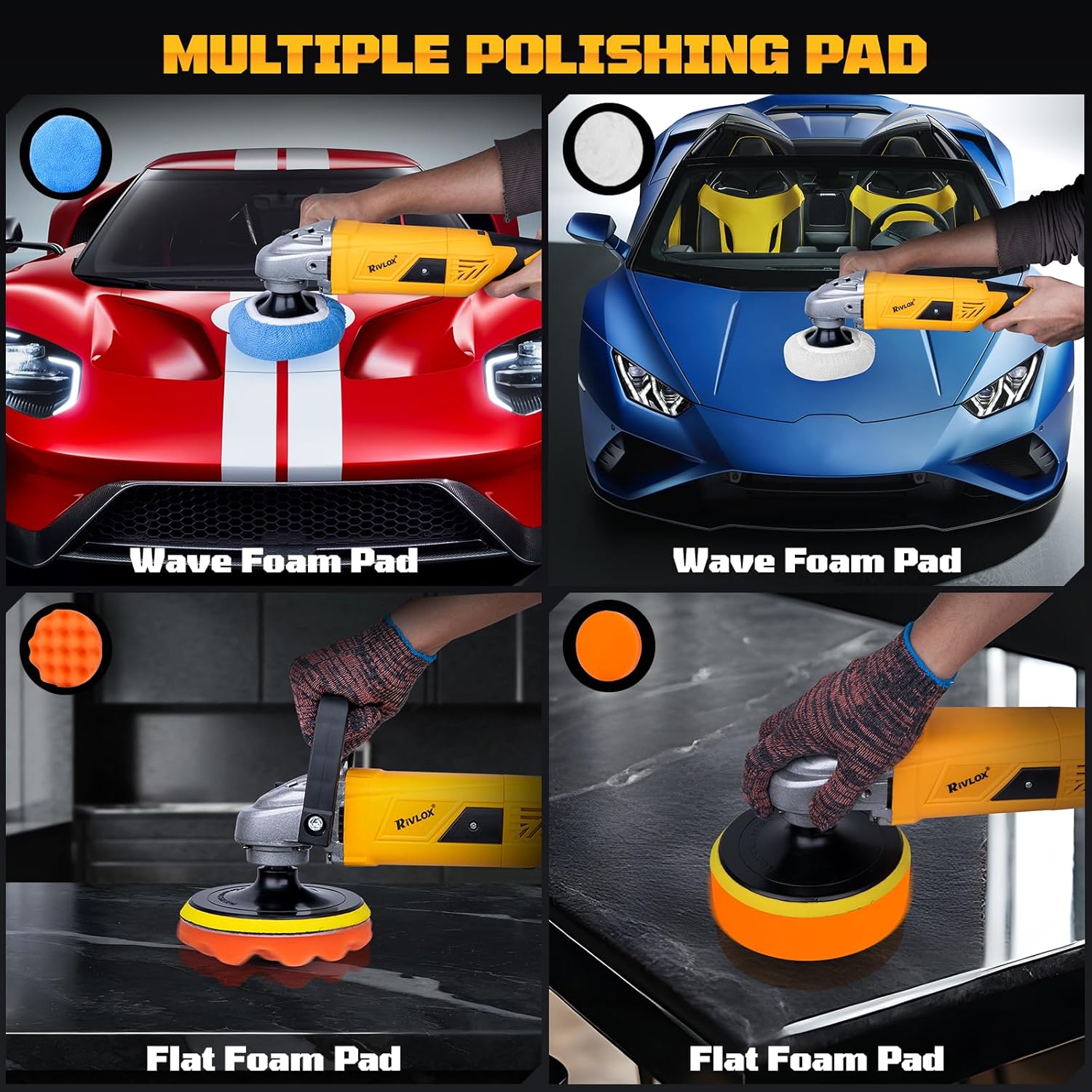 Thumbnail 5 de Rivlox 1600W Rotary Car Polisher & Buffer Kit (5/6/7 inch) with 7-Speed Control, Pads and Caps Included