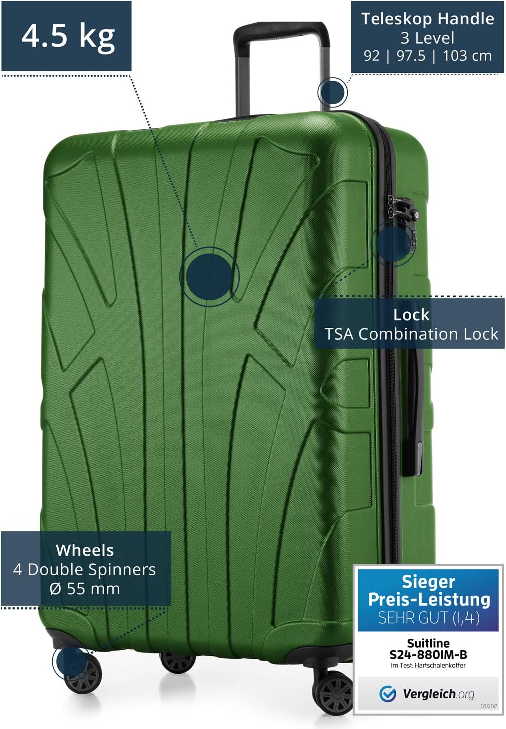 Detalle 2 de SUITLINE Valigia rigida 76 cm – 96 L, ABS opaco, verde, TSA
