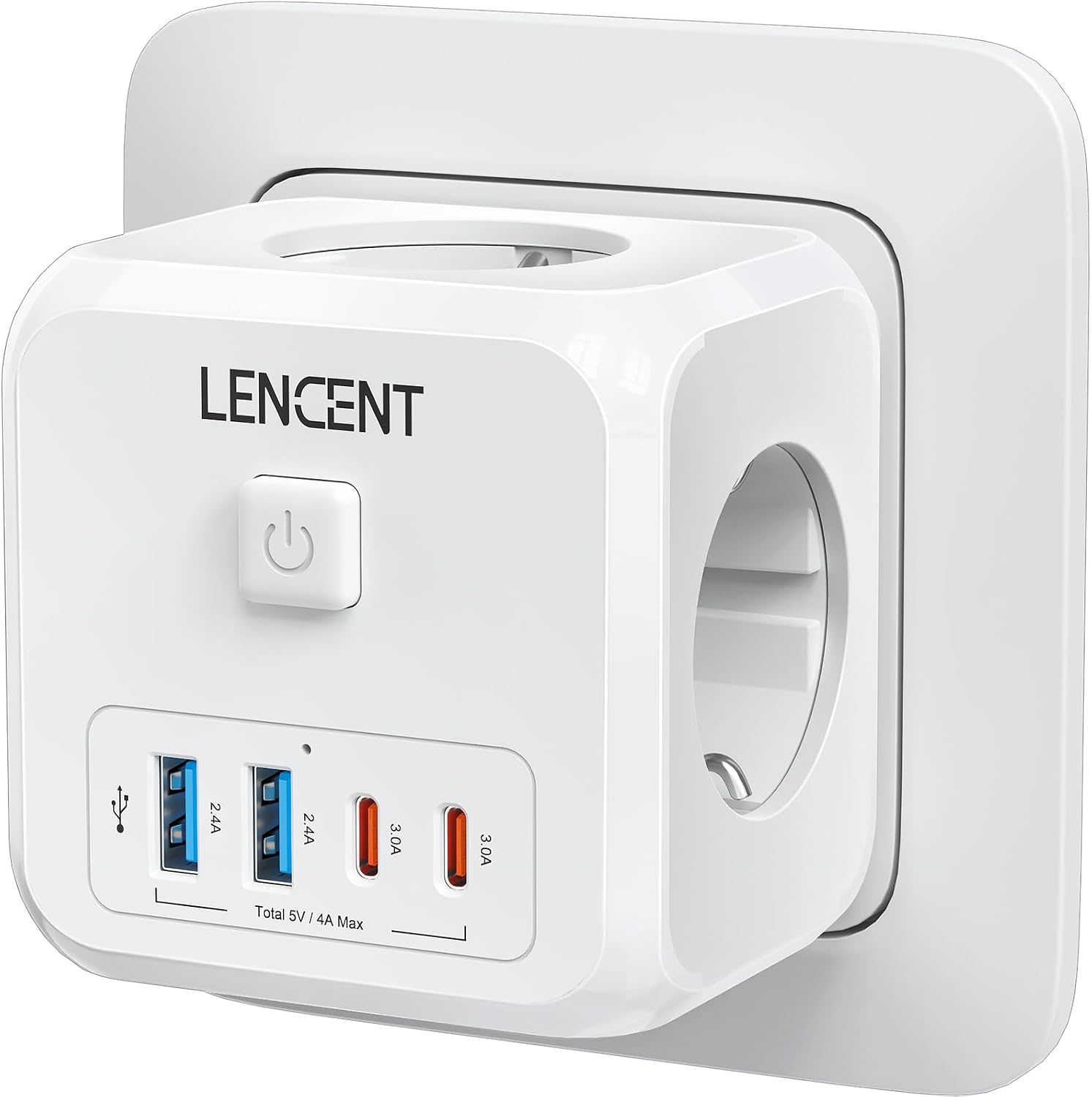 Detalle de LENCENT PA037EU-2A2C kubus-stekkerdoos met 3 stopcontacten en 4 USB-poorten