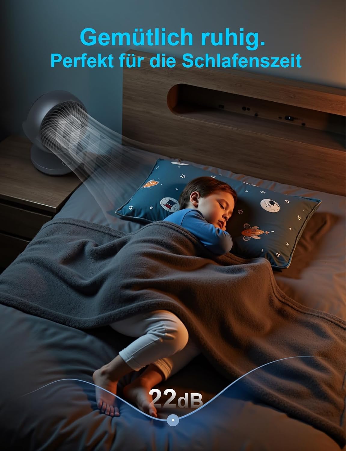 Detalle de Ventilator Leise – Tischventilator mit 22 dB, 35W, 3 Stufen + 100°/90° Neigung, kompakt & leise für Schlafzimmer, Büro & Wohnzimmer bis 21 m²