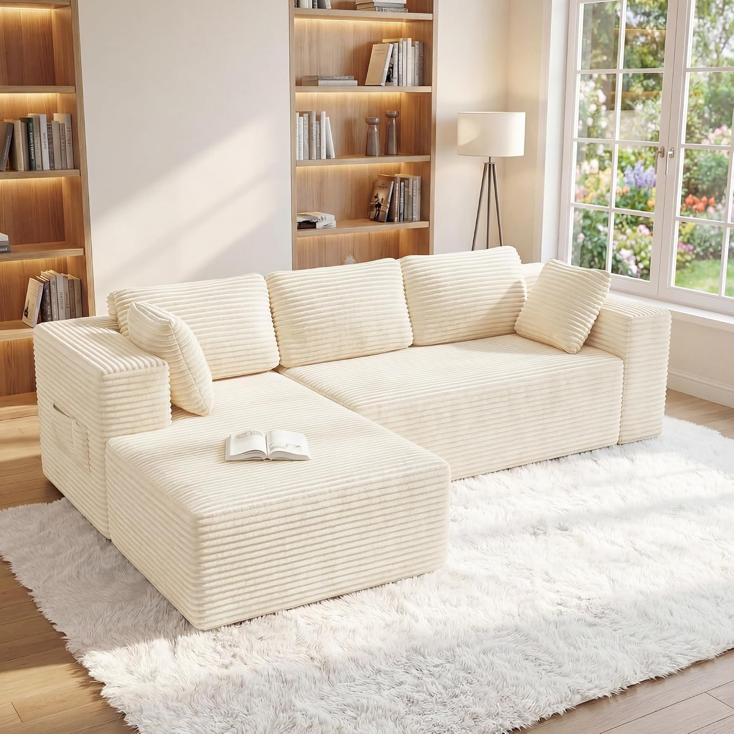 Detalle de Xbro Hoekbank, 3-zits L-bank met longchair links in beige ribstof