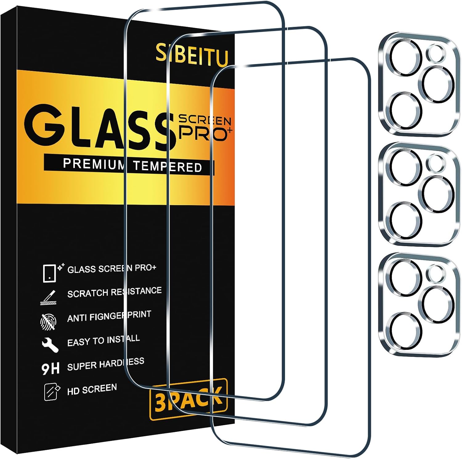 Detalle de SIBEITU iPhone 16 Pro 3+3 Pack Tempered Glass Screen and Camera Protectors