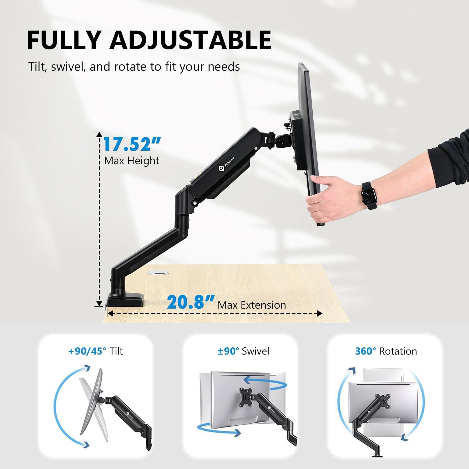 Detalle de Ailuner Single Monitor Mount (Gas Spring) for 13–32" Screens, VESA 75x75 / 100x100