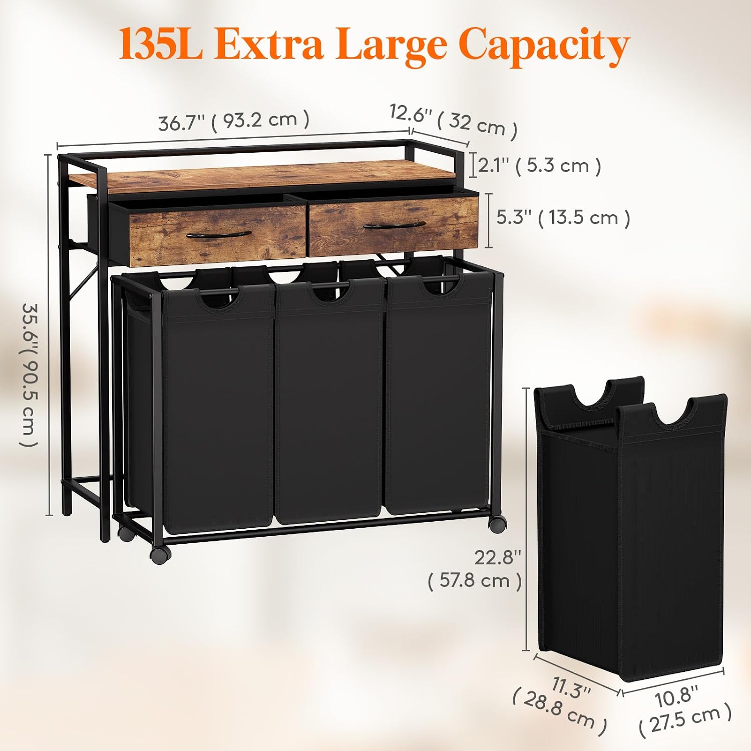 Detalle 2 de Lifewit 24361 3-Section Rolling Laundry Hamper with Shelf and 2 Drawers
