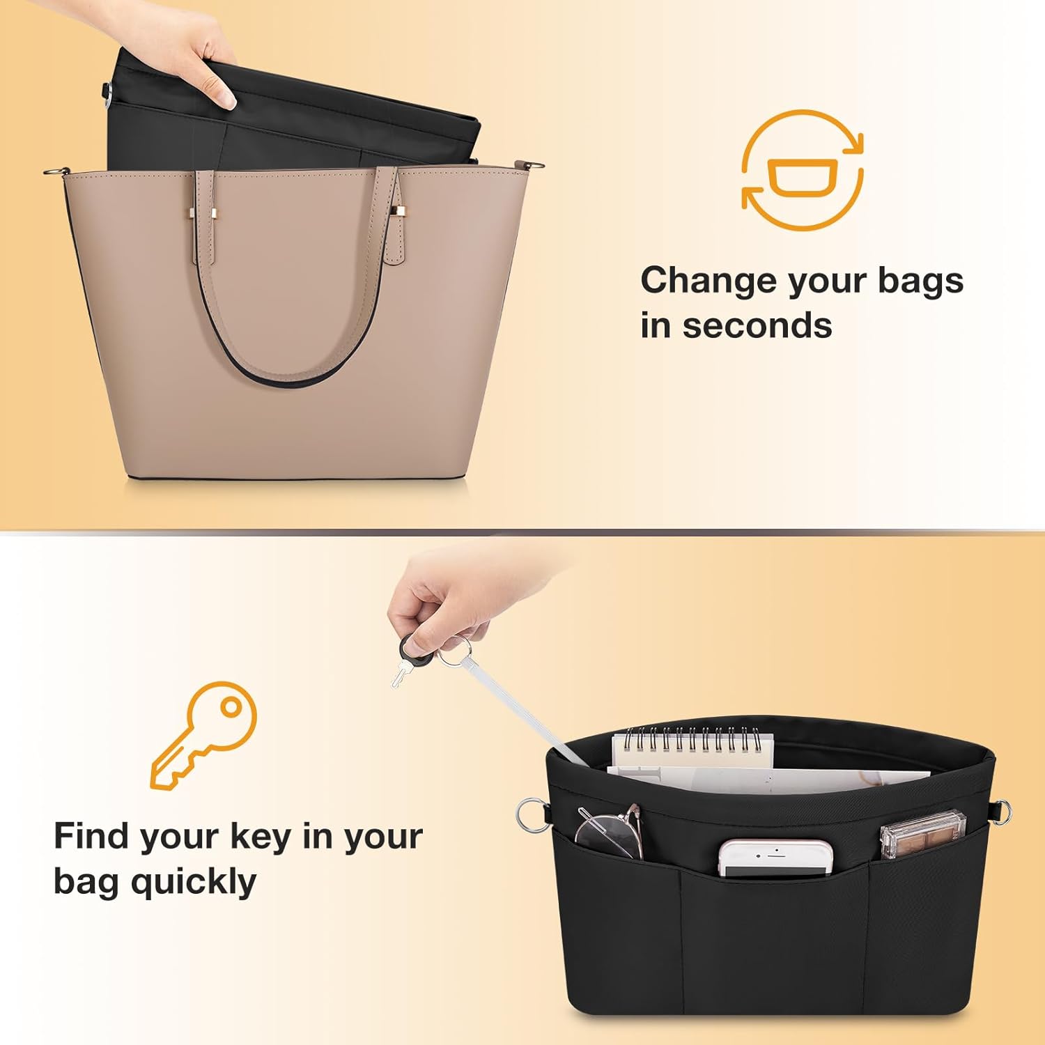 Thumbnail 3 de Betoores Handtaschen Organizer aus wasserdichtem Nylon mit Reißverschluss und Schlüsselbund – Schwarz