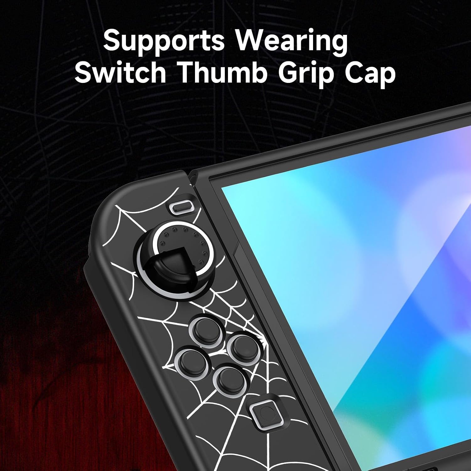 Detalle 2 de JINGDU Protective Case for Nintendo Switch OLED (2021) with 4 Thumb Grips – Black Spider Web