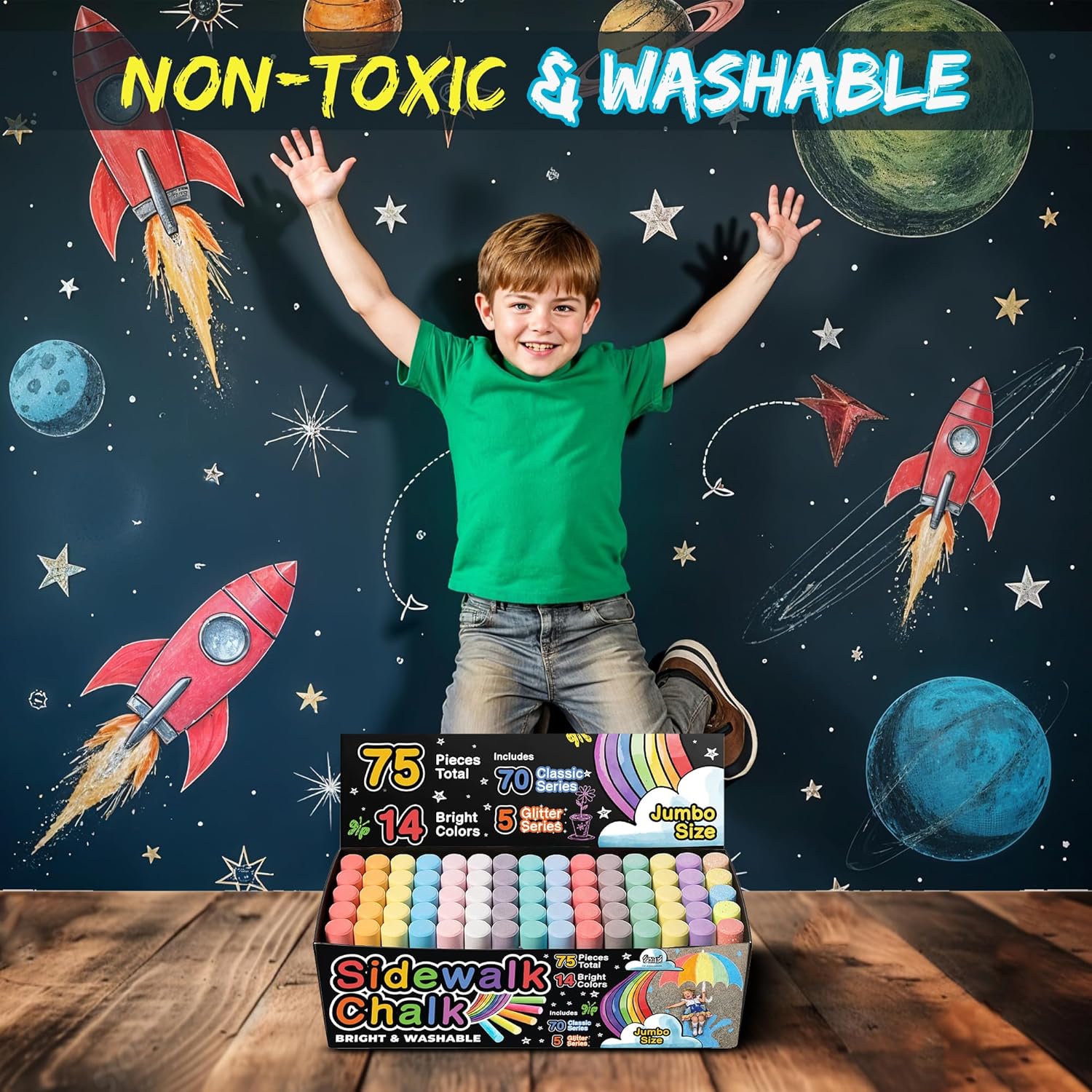 Detalle de 75 PCS Sidewalk Chalk for Kids - 14 Colors, 5 Glitter, Non-Toxic Washable Jumbo Chalks