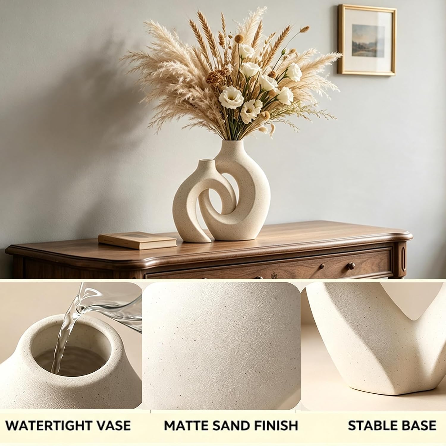 Detalle 2 de SUKIYPO BS03 keramieken vazenset van 2, beige met open design