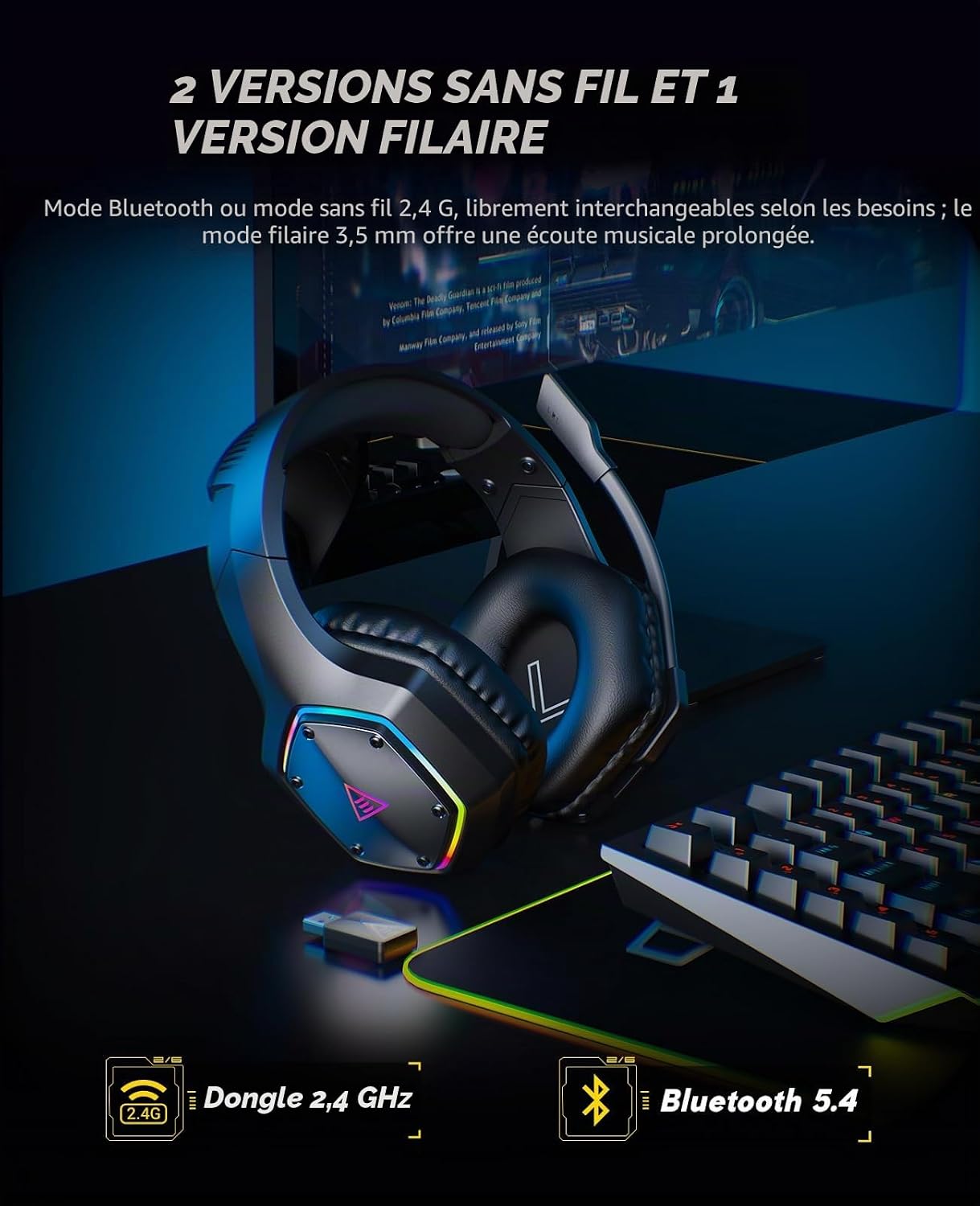 Detalle de EKSA E1000BT : casque gaming sans fil 3-en-1 Bluetooth/2,4 GHz + audio 3,5 mm (PS5, PC, PS4)