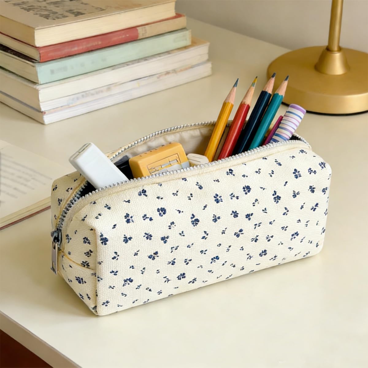 Detalle de AddLotLot 2 PCS Floral Pencil Cases with Zipper – Durable Canvas, Stylish Black & Pink Set