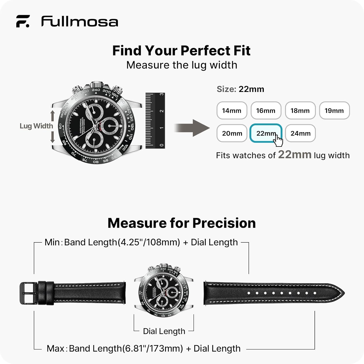 Detalle de Fullmosa Cinturino in Pelle 22mm con Quick Release per Orologi e Smartwatch – Nero