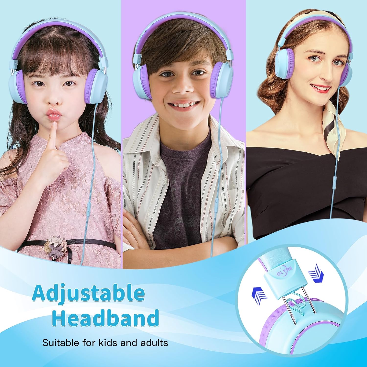 Detalle de Olyre Kids Headphones (Toddler Wired Headset with Mic) for School, Plane & Travel — Icy Mint Blue/Purple